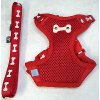 Showing the Red ActiveGo Harness for small dogs with the matching leash.