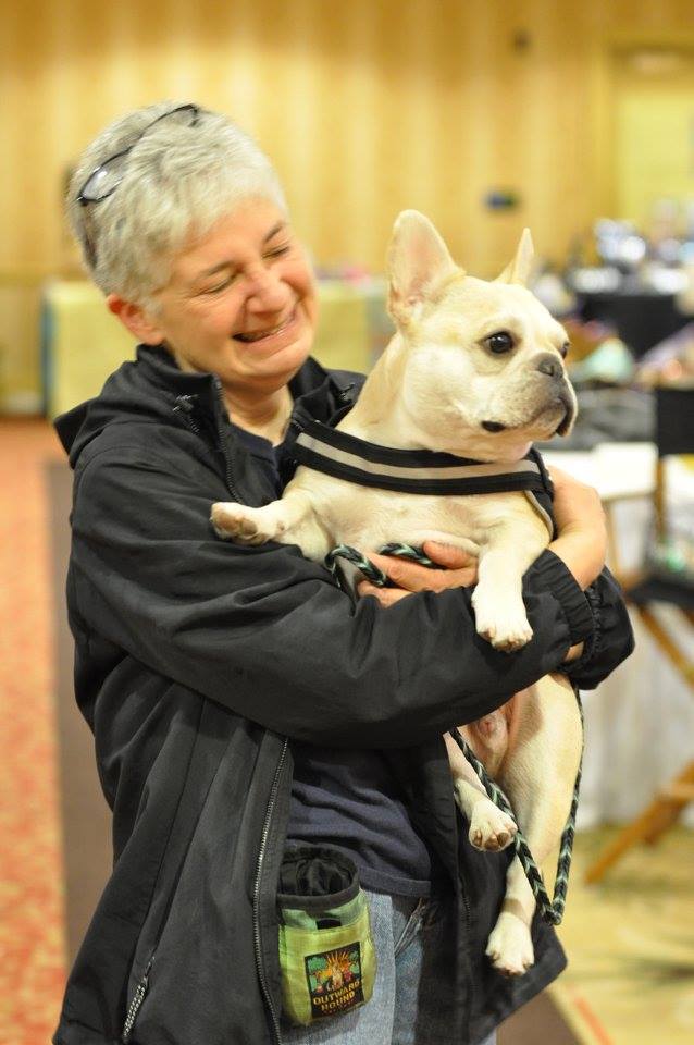 Picture of a woman carrying a fawn French Bulldog to illustrate should seniors downsize their dogs