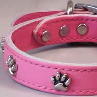 The Pink Paw Print Leather Collar for small dogs.